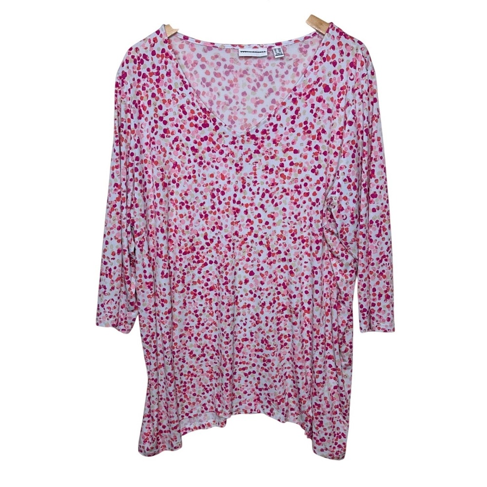 Susan Graver Ditsy Floral 3/4 Sleeve V-neck Liquid Knit Top size 2X Pink/Red/Whi